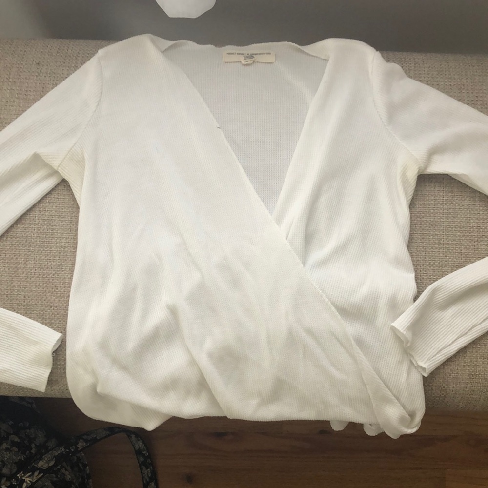 White waffle knit criss cross long sleeve